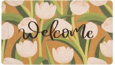 Welcome Mat Tulip Pattern With Cursive Script And Cottage Farmhouse Style
