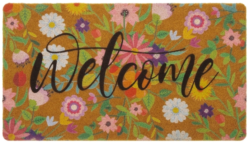 Welcome Mat Vibrant Floral Print Coir Base Cheerful Cottage Entrance