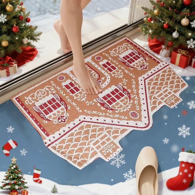 Whimsical Gingerbread House Shaped Doormat with Icing Details