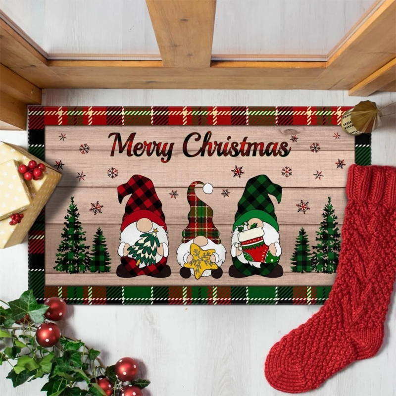 Whimsical Gnome Doormat with Plaid Border and Wood Grain Backdrop