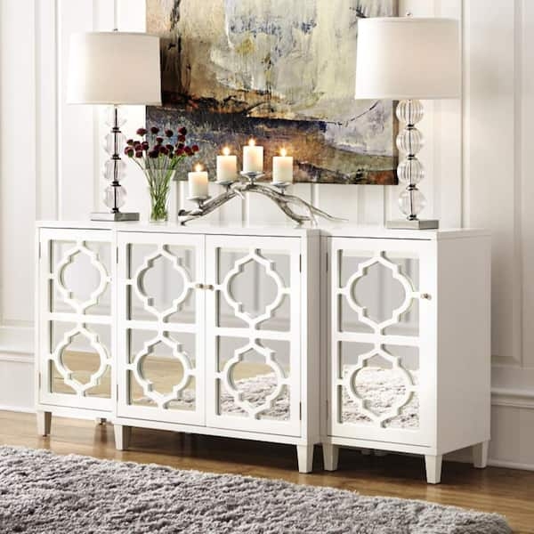 White Accent Cabinet with Mirrored Fronts & Geometric Overlay