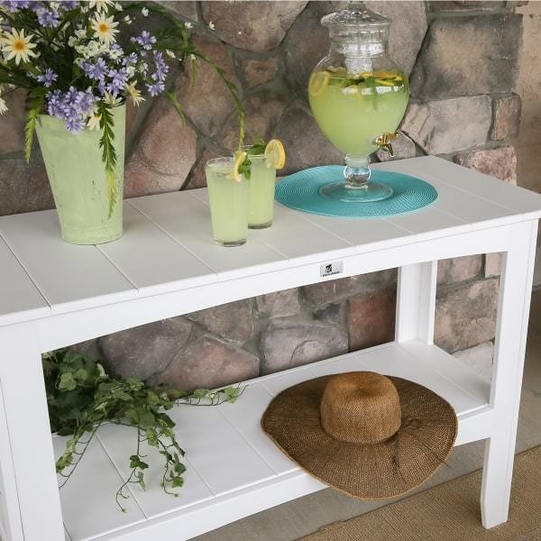White Buffet Table Slatted Top Two Tier Coastal Farmhouse