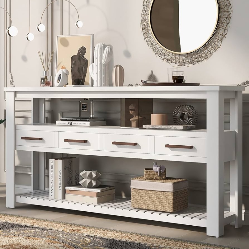 White Console Table with Four Drawers Slatted Shelf Storage
