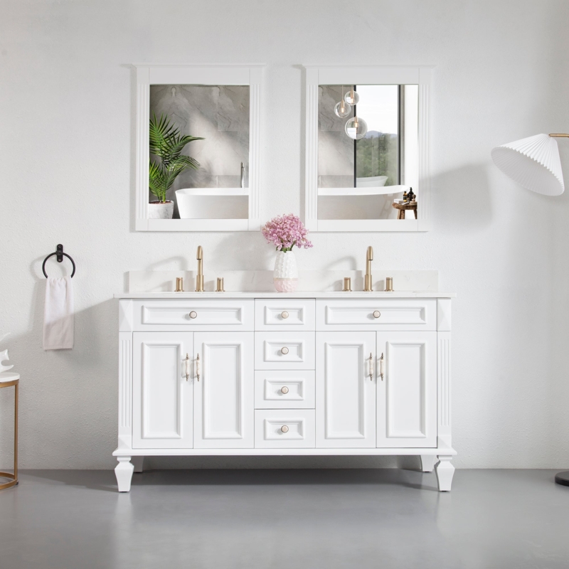 White Double Bathroom Vanity with Turned Legs & Gold Hardware