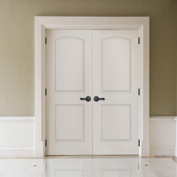 White Double Interior Doors Roman Arch 2-Panel Black Hardware