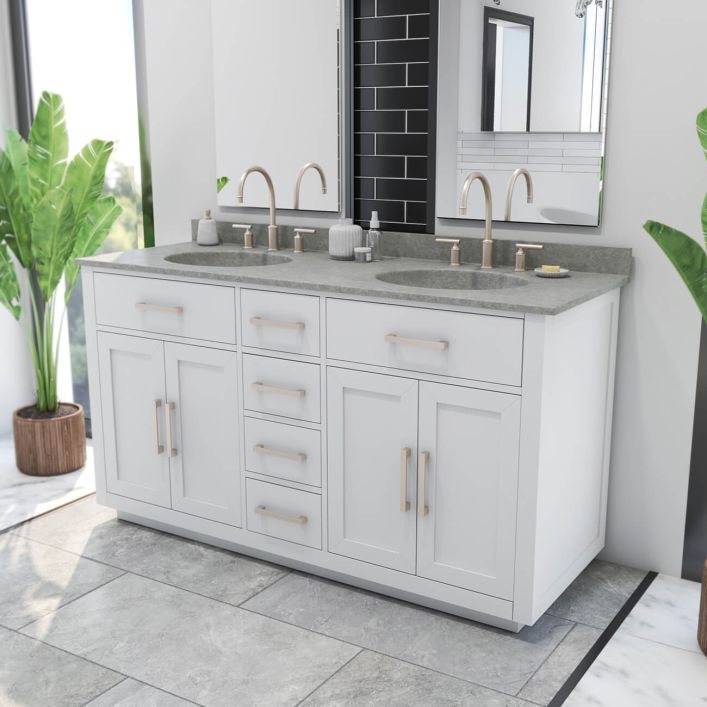 White Double Vanity, Rose Gold Hardware & Grey Top