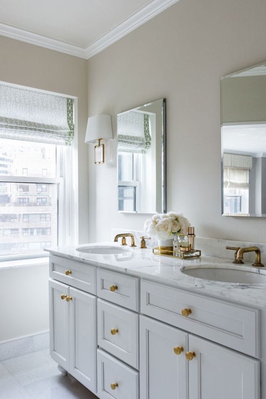 White Double Vanity with Frameless Mirrors & Marble Top