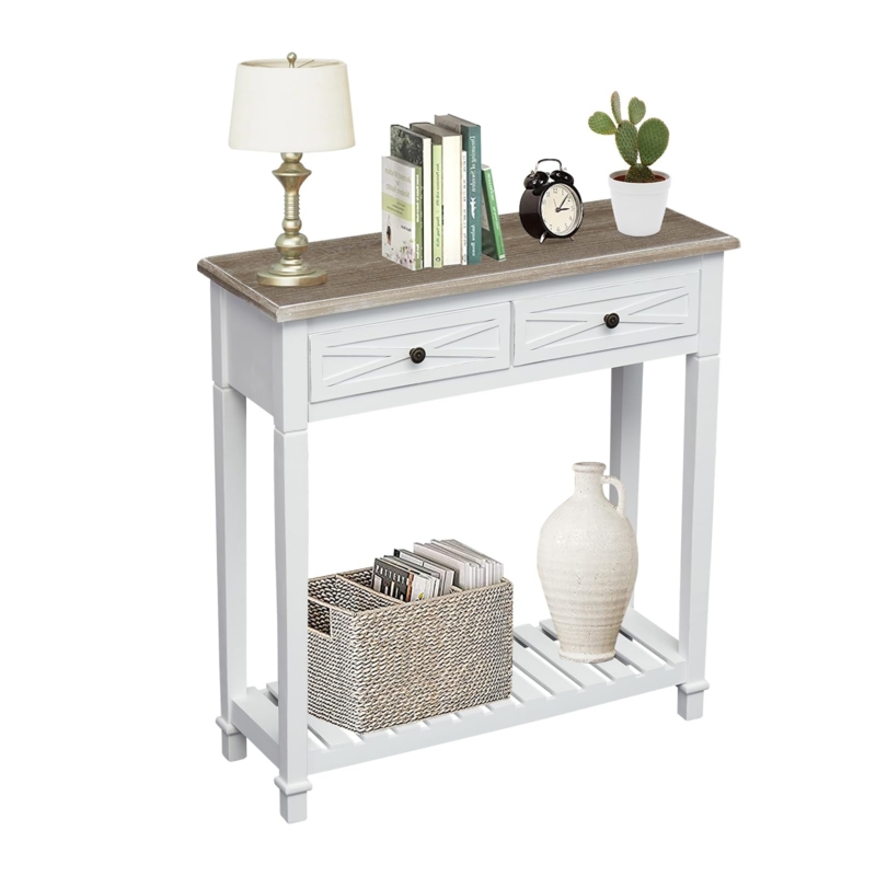 White Farmhouse Console Table with X-Brace Drawers and Slatted Shelf