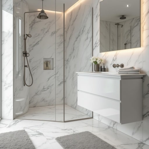 White Floating Bathroom Vanity with Handleless Drawers and Marble Tile