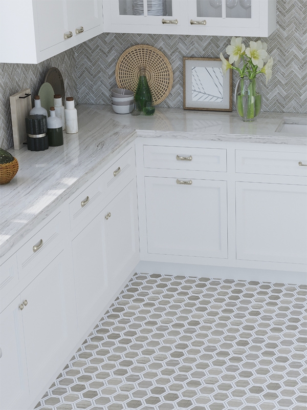 White Kitchen Layout with Neutral Hexagon Mosaic Floor Tile
