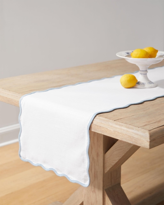 White Linen-Like Table Runner with Blue Scalloped Edge