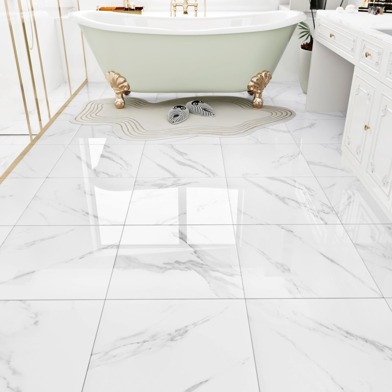 White Marble Floor Tiles: High Gloss Finish Glam Bathroom Design