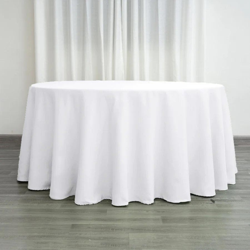 White Round Tablecloth with Subtle Sheen and Floor Length Drape