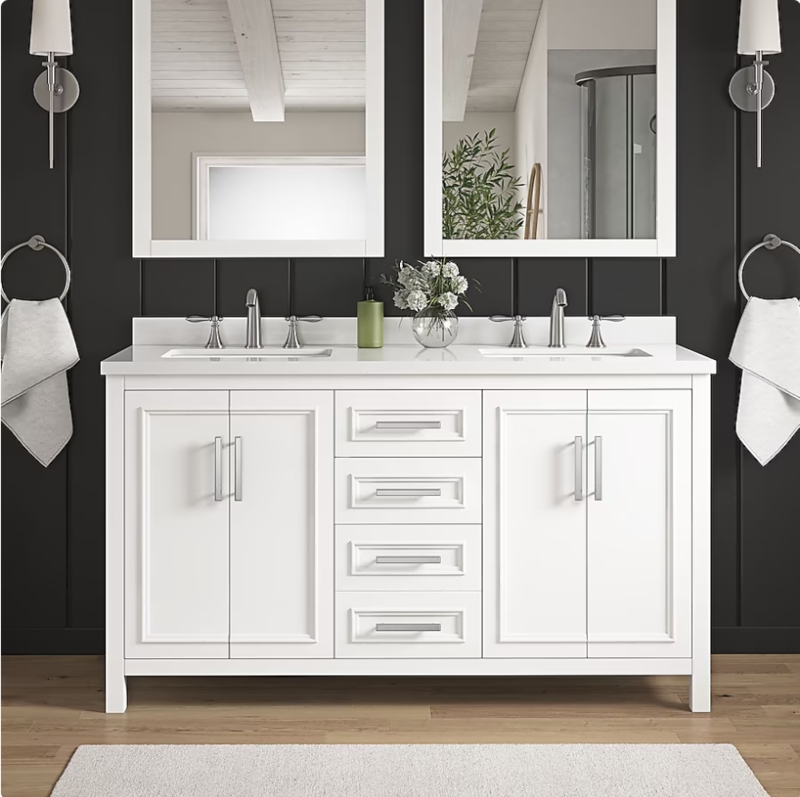White Shaker Double Vanity, Center Drawers & Tapered Legs