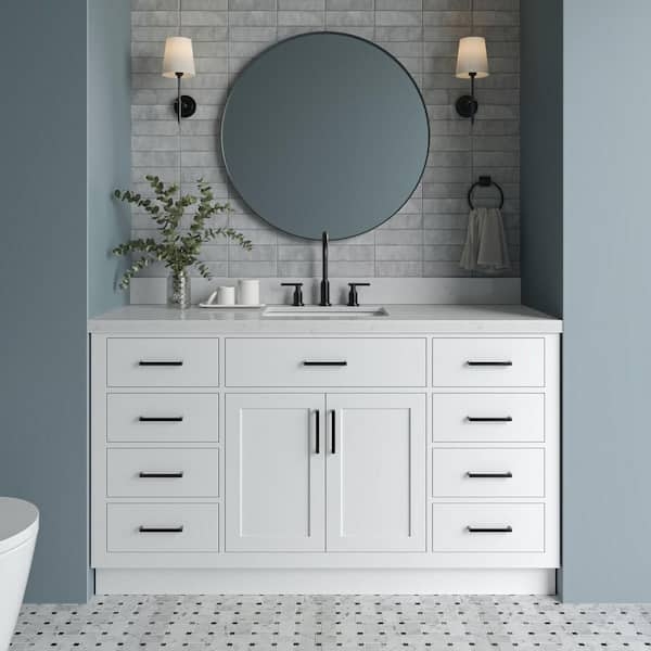 White Single Bathroom Vanity with Eight Drawers & Black Hardware