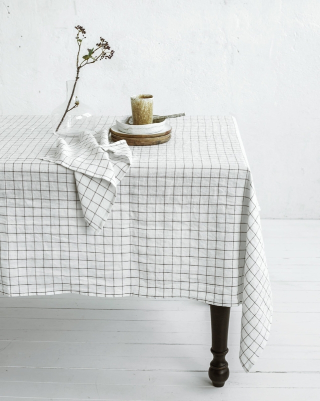 White Tablecloth Charcoal Grid Pattern Linen-Like Scandinavian Minimalist