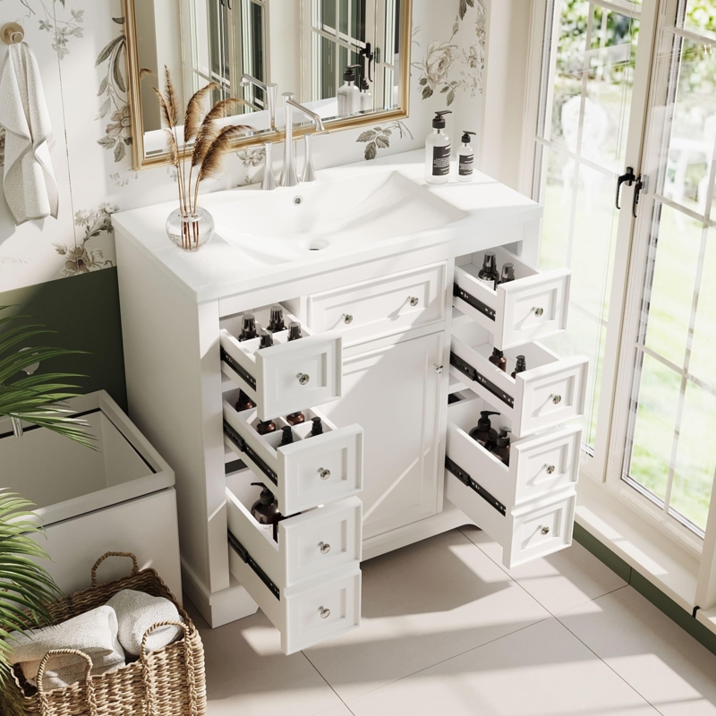 White Vanity with Six Side Drawers & Integrated Sink