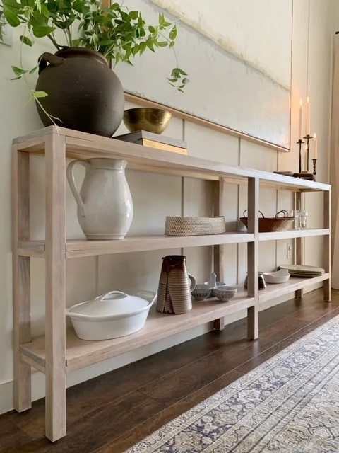 Whitewashed Wood Console Table Three Tier Open Shelving Long Profile