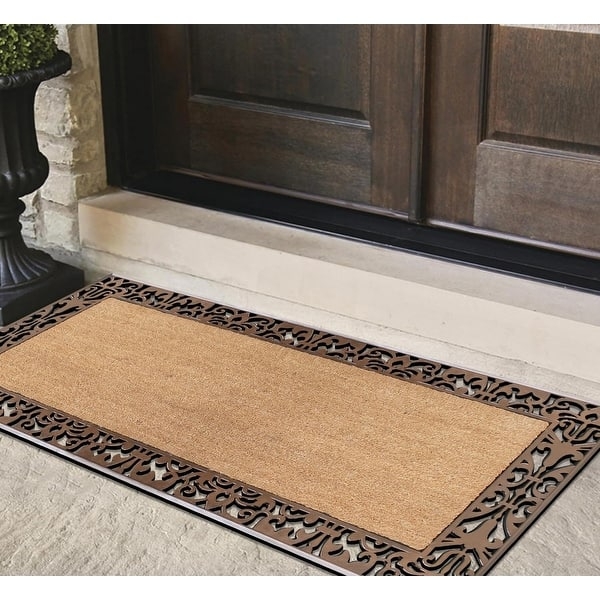 Wide Double Door Mat, Tan Fiber with Dark Brown Scrollwork Border