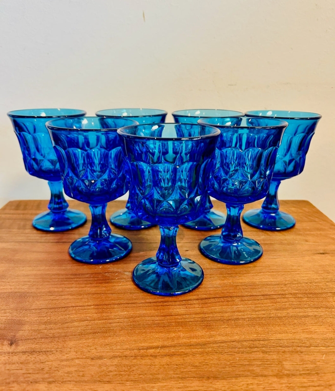 Wine Glass Cobalt Blue Faceted Diamond Pattern Pedestal Stem Vintage