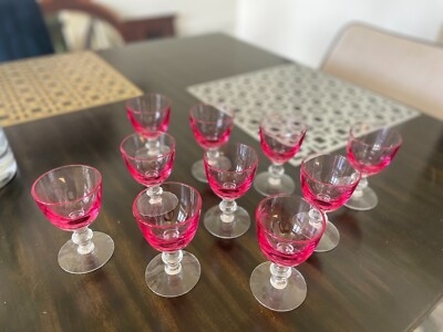 Wine Glass Set Pink Bowl Clear Balustroid Stem Flared Mid Century