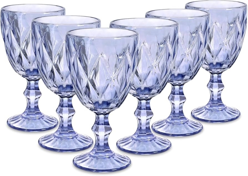 Wine Glasses Periwinkle Blue Diamond Embossed Texture Stemmed Set of Six