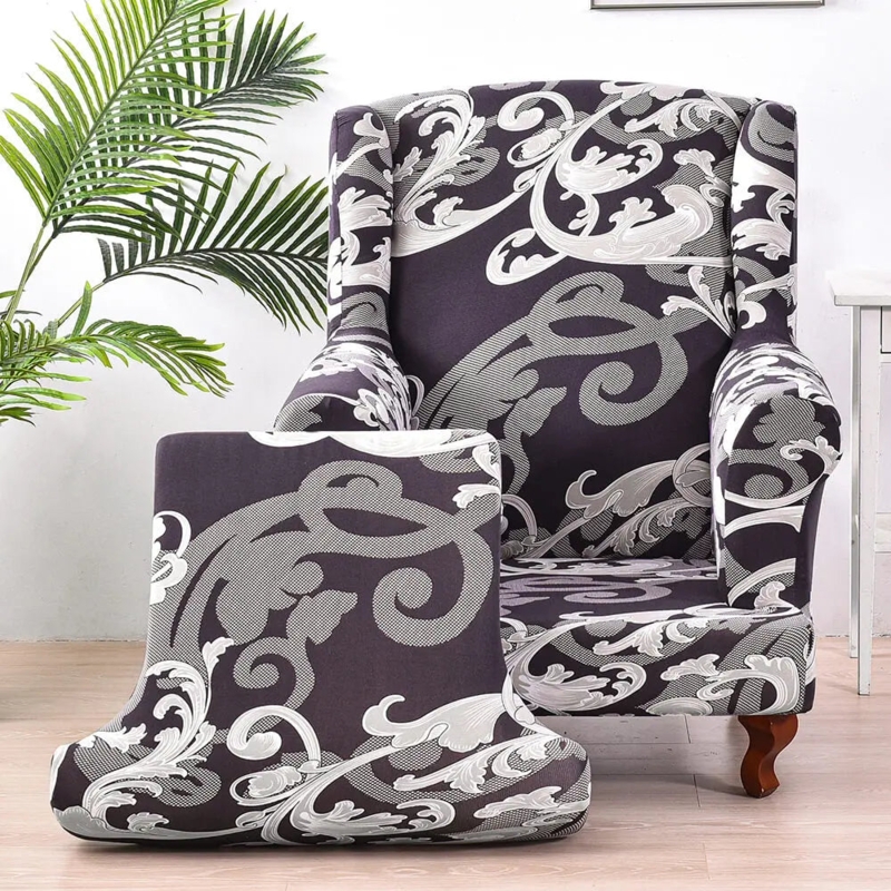 Wing Chair Slipcover Grey T-cushion Fit Scrolled Pattern Refresh