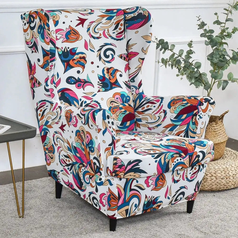 Wingback Chair Slipcover Bold Floral Pattern Bohemian Multi-Colored