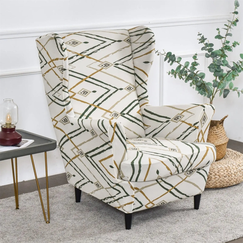 Wingback Chair Slipcover Geometric Pattern Earth Tones Modern Style Cream
