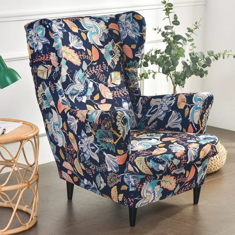 Wingback Chair Slipcover Navy Blue Floral Pattern Boho Chic Eclectic