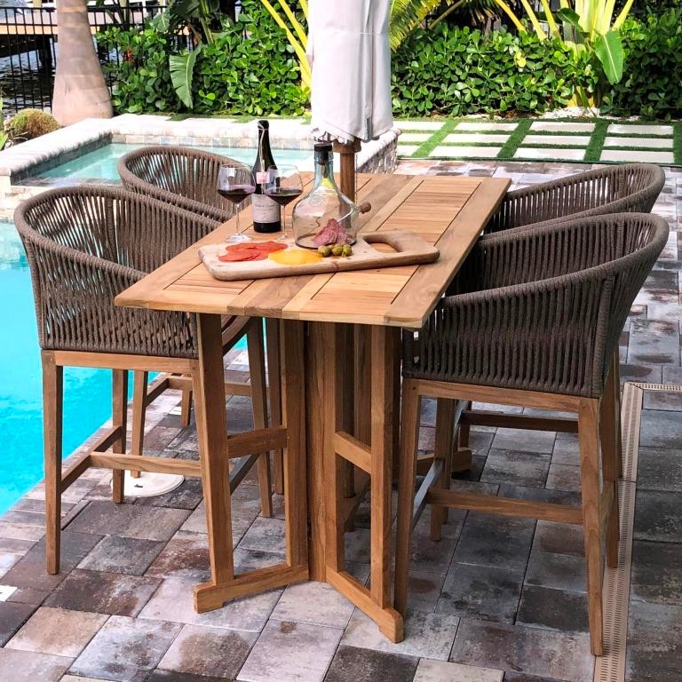 Wood Bar Height Table Set, Drop Leaf, Woven Rope Stools