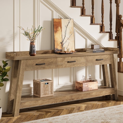 Wood Console Table with Tapered Angled Legs and Three Drawers