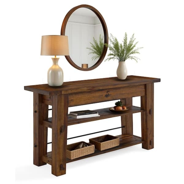 Wood Console Table with Two Open Shelves & Exposed Joinery Pegs
