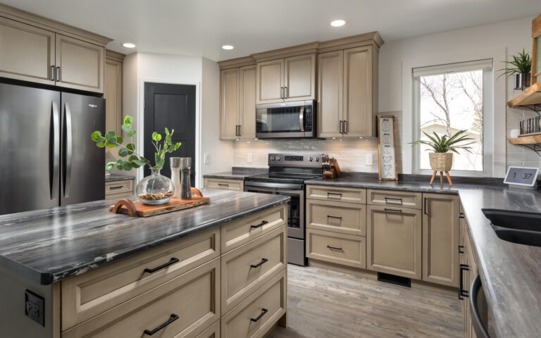 Wood Kitchen Cabinets Black Hardware Dark Stone Countertops Shaker Style