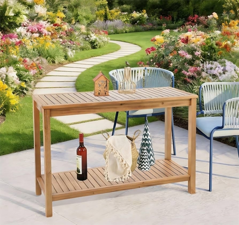 Wood Slatted Garden Table Two-Tier Outdoor Design