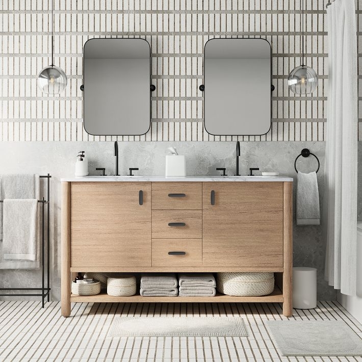 Wood Toned Double Vanity, Open Bottom Shelf & Black Hardware