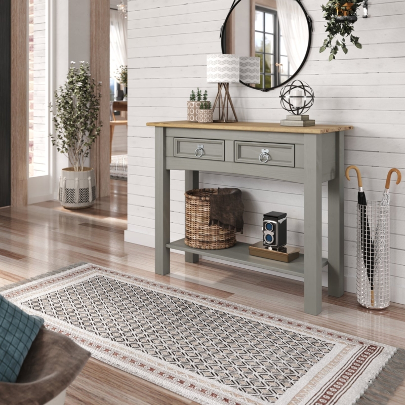Wood Top Console Table Two-Toned Farmhouse Drawers