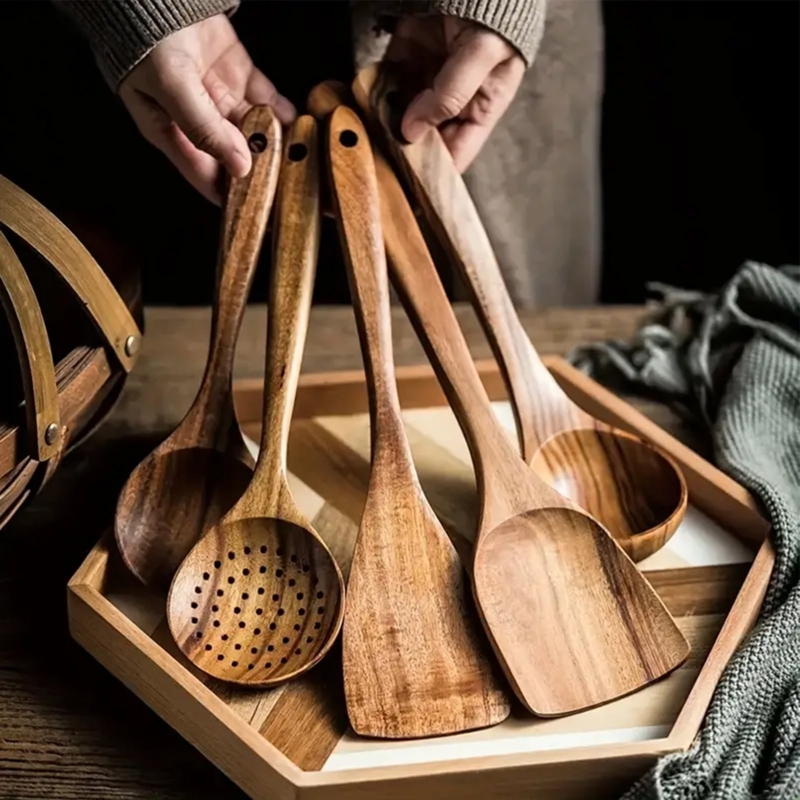 Wood Utensil Set Curved Handles Satin Finish Rustic Organic