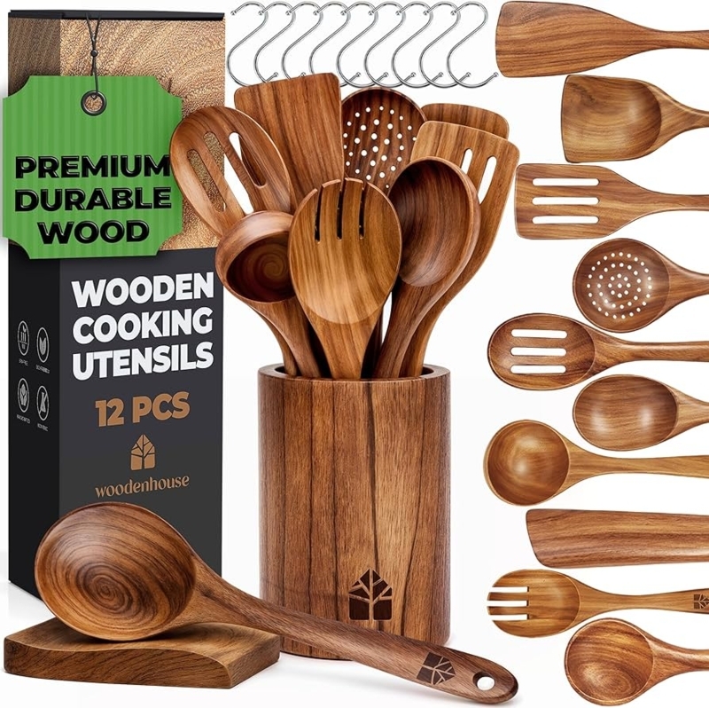 Wooden Kitchen Utensil Set Spoon Rest Holder 12 Piece