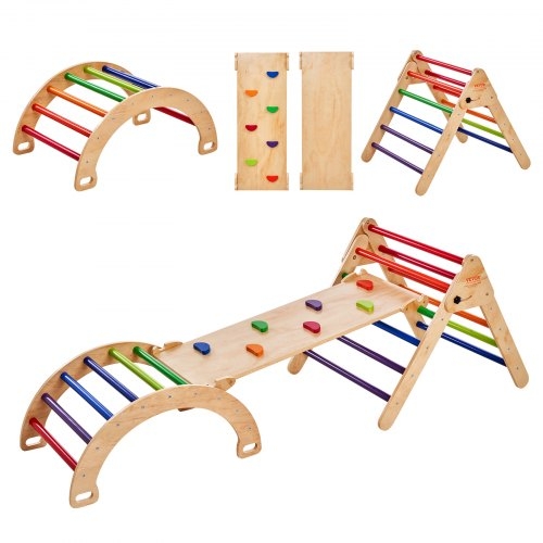 Wooden Toddler Pikler Triangle Set with Rainbow Rungs 5-In-1