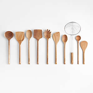 Wooden Utensil Set Wire Mesh Strainer Long Wood Toned Handles
