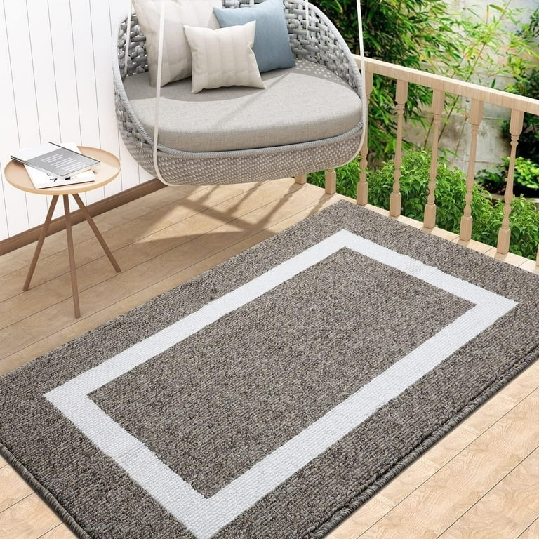 Woven Area Rug Brown with White Border Low Profile Coastal Deck