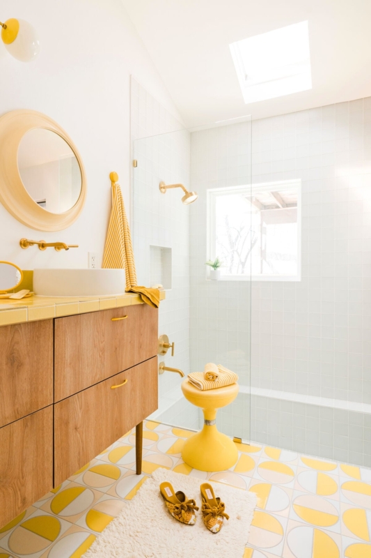 Yellow Mid-Century Bathroom Design Geometric Floor Tiles Skylight