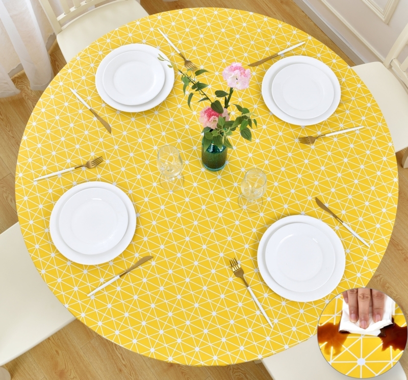 Yellow Round Tablecloth Fitted Geometric Starburst Pattern Waterproof Modern