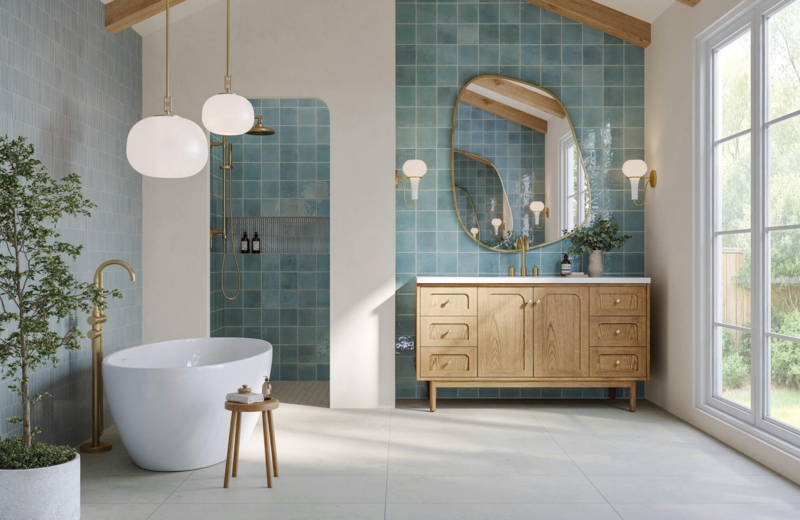 Zellige Wall Tile Bathroom: Glossy Finish & Exposed Wood Beams