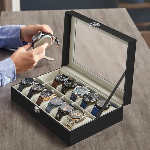 12-Slot Watch Box Organizer Leather Look Glass Viewing Lid Black