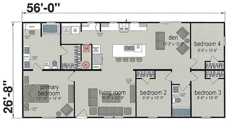 1493 Sqft Mobile Home Floor Plan with Integrated Den Layout