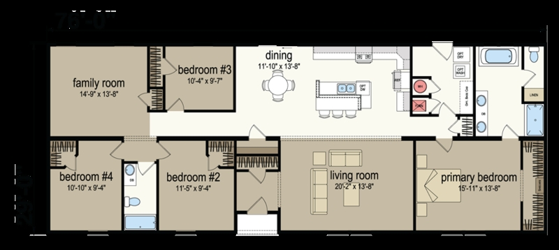 2186 Sqft House Layout featuring Dual Living Rooms and Kitchen Island