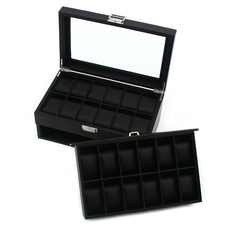 24-Slot Watch Organizer Double Layer Matte Black Glass Viewing Panel