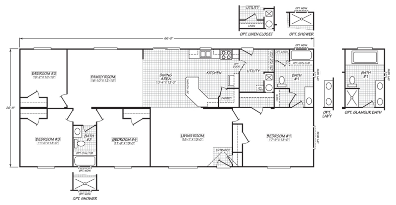 28x66 Mobile Home Floor Plan, Modern Functional Split Layout